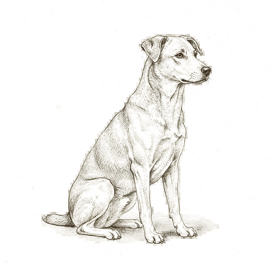 Engraved illustration of a sitting dog